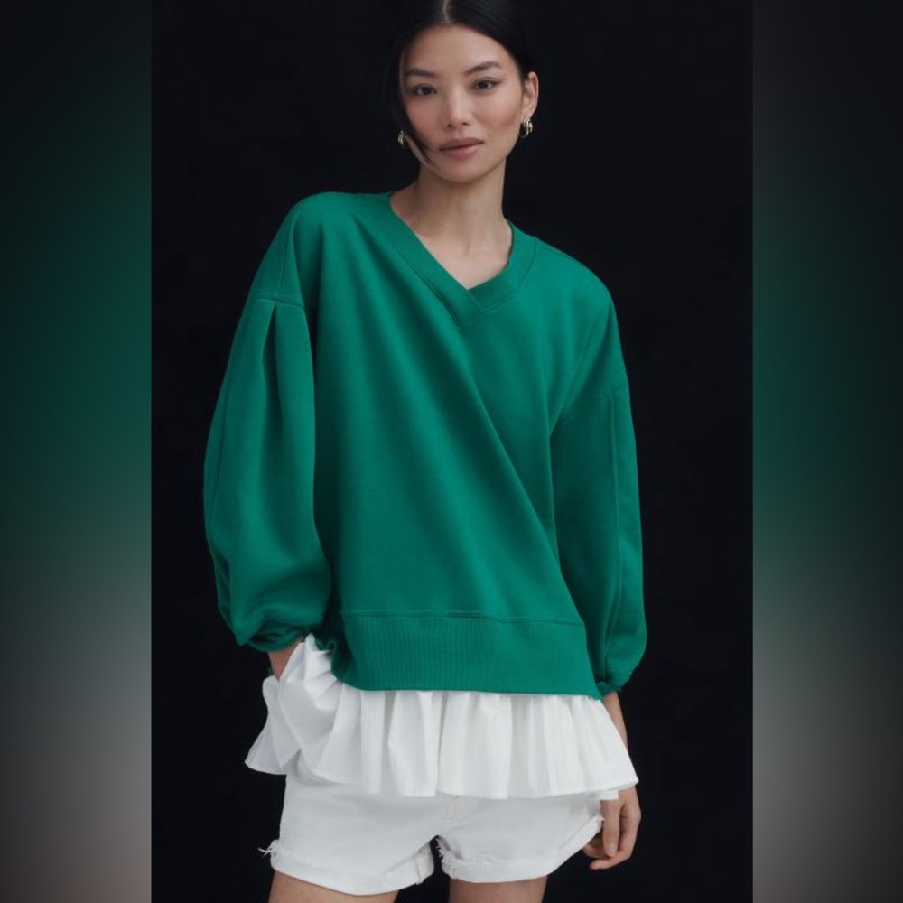 Maeve Long-Sleeve V-Neck Twofer Fleece Knit Pullover Kelly Green NWT Size XL‎